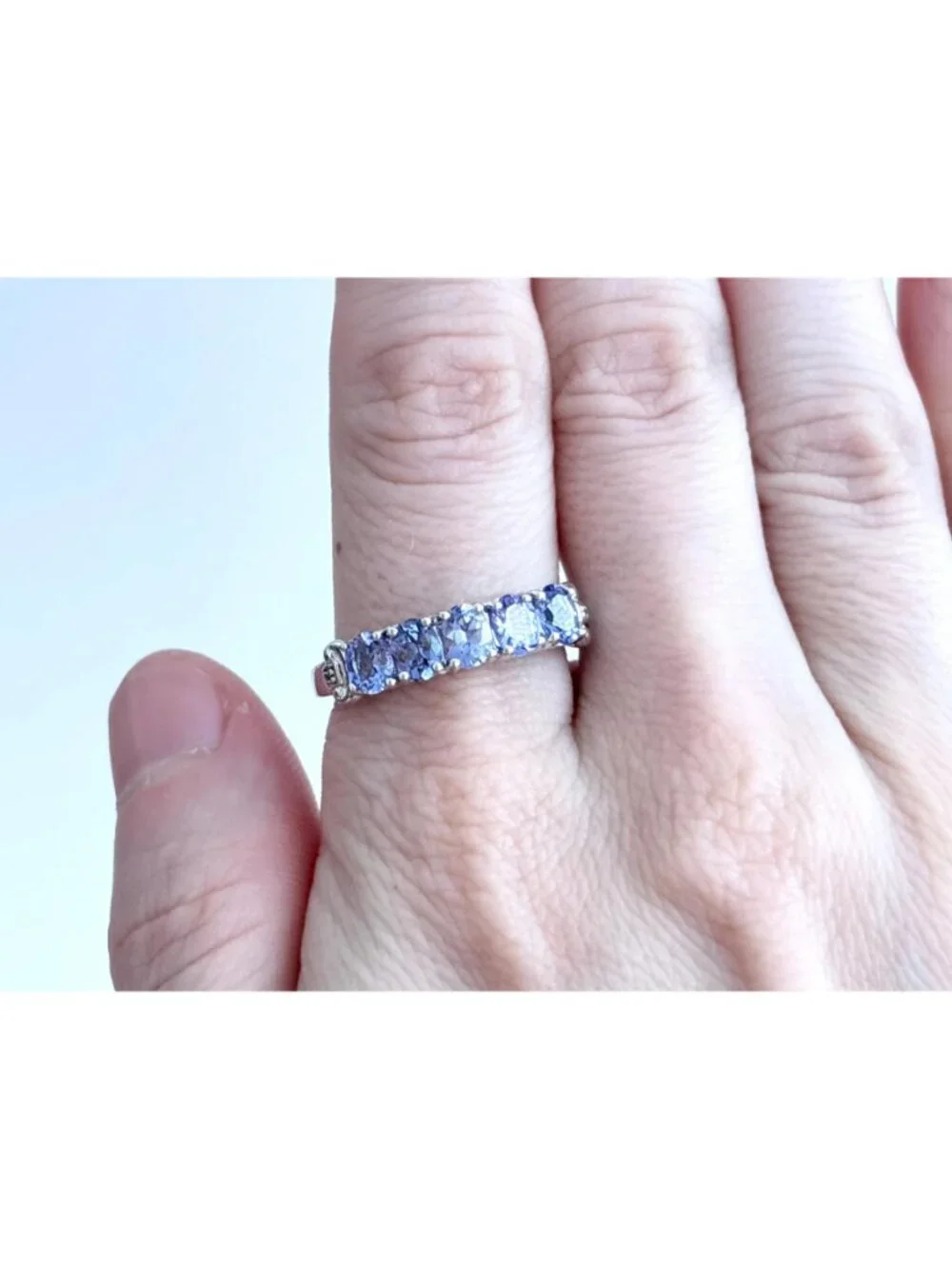 Tanzanite Gemstone Oval Cut Row Set Sterling Silver 925 Vintage Ring - sz 8